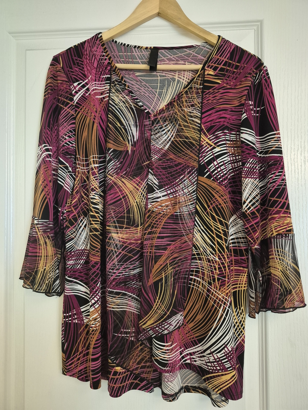 Sheer Abstract-Print Split-Neck Tunic in Magenta Multi
